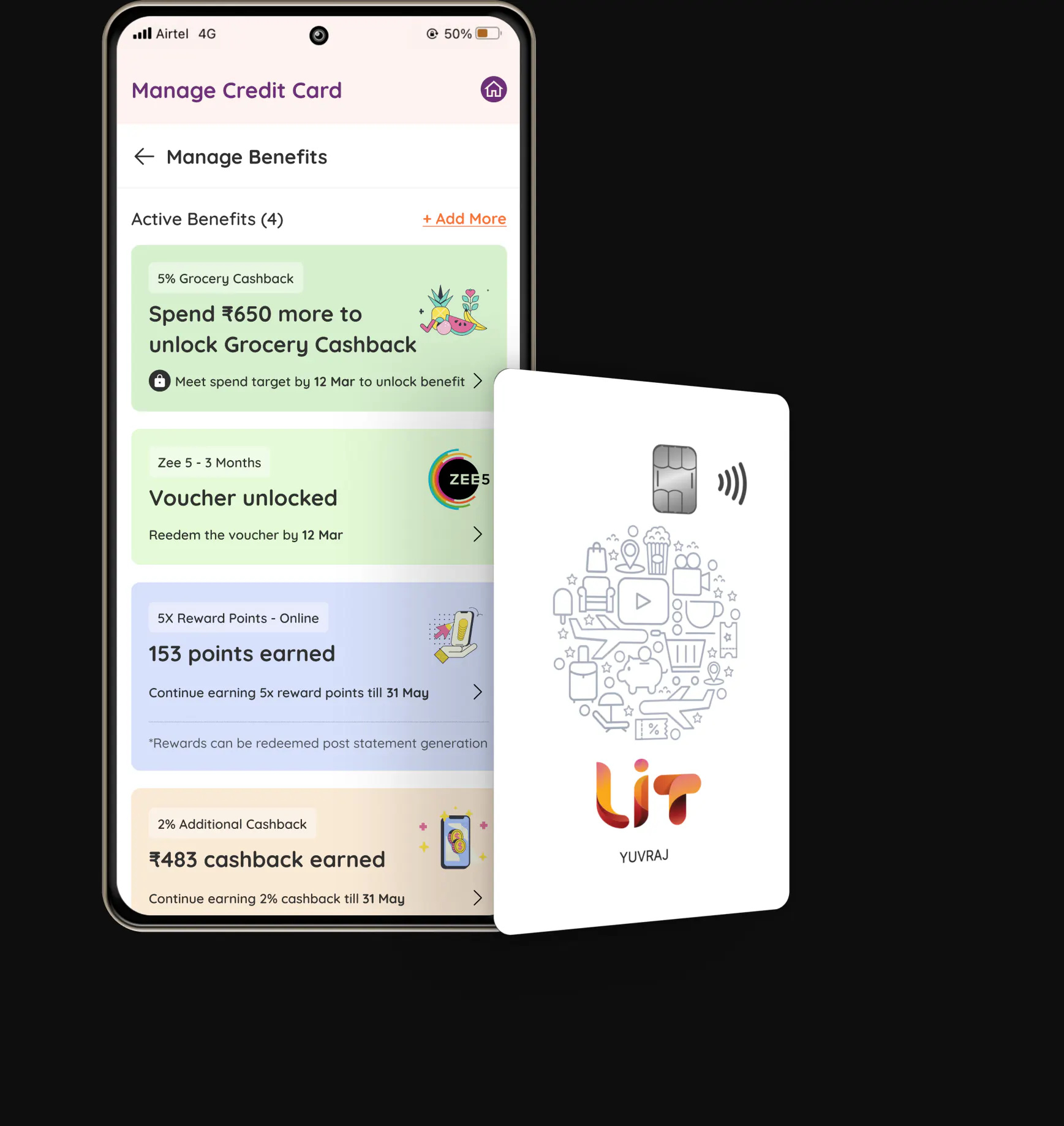The AU LIT card beside the Manage Benefits app screen