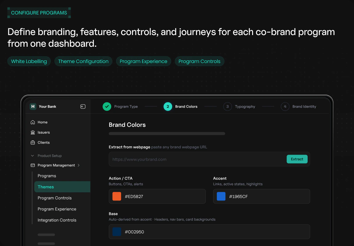 Define branding, features, controls and journeys for each co-brand program from one dashboard.